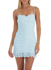 Dainty Lace Ruched Mesh Mini Dress