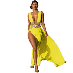 Floral Applique Deep V Backless High Slit Maxi Cocktail Dress - Yellow