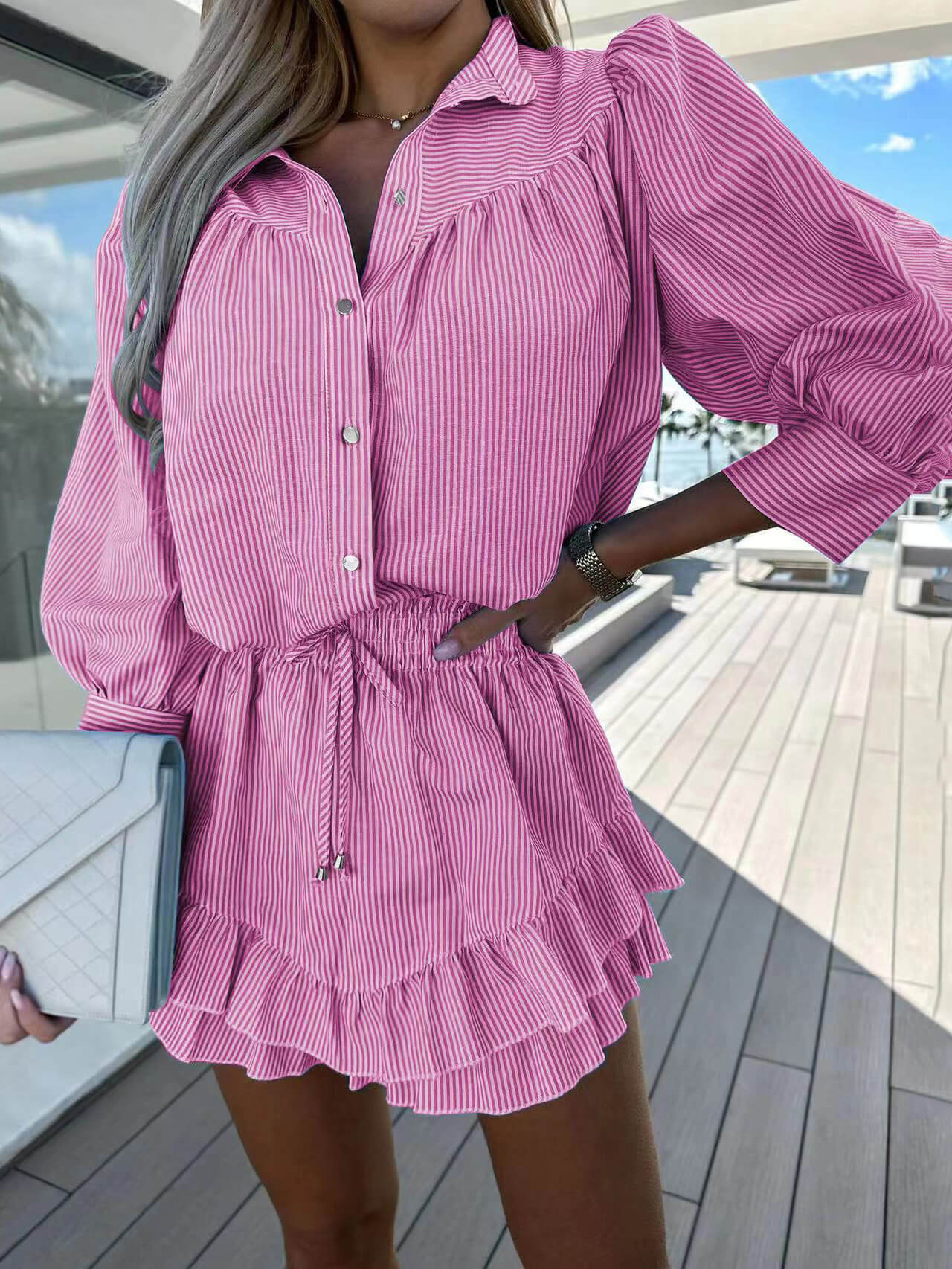 Casual Striped Shirt Dress Shorts Two-Piece Set