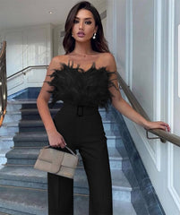 Feather Bandeau Belt Jumpsuit - Black