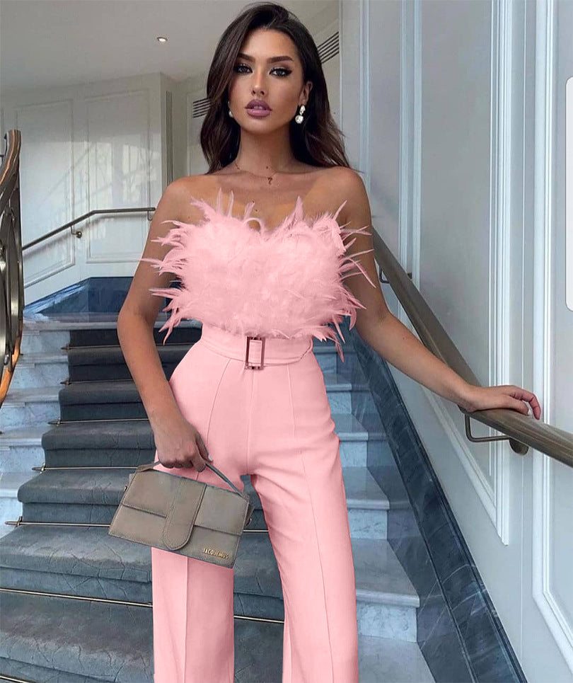 Feather Bandeau Belt Jumpsuit - Pink