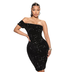 Sparkly One Shoulder Bodycon Velvet Sequin Midi Dress - Black