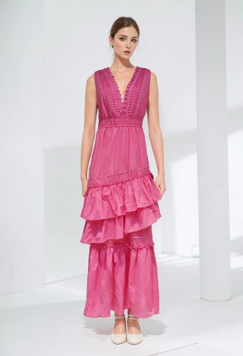 Swingy Buttoned Sleeveless Beach Vacation Ruffle Tiered Maxi Sundress - Pink