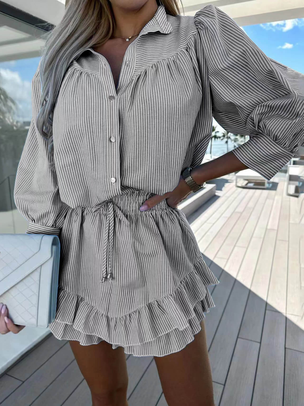 Casual Striped Shirt Dress Shorts Two-Piece Set