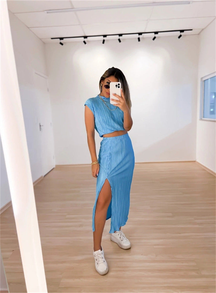 Chic Shirred Shoulder Pad Crop High Waist Skirt Two Piece Maxi Dress