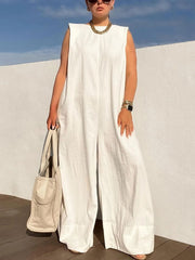 Solid Color Loose Casual Sleeveless Round Neck Wide Leg Trousers Jumpsuit