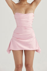 Silky Satin Pleated Trim Corset Strapless Party Mini Dress - Champagne