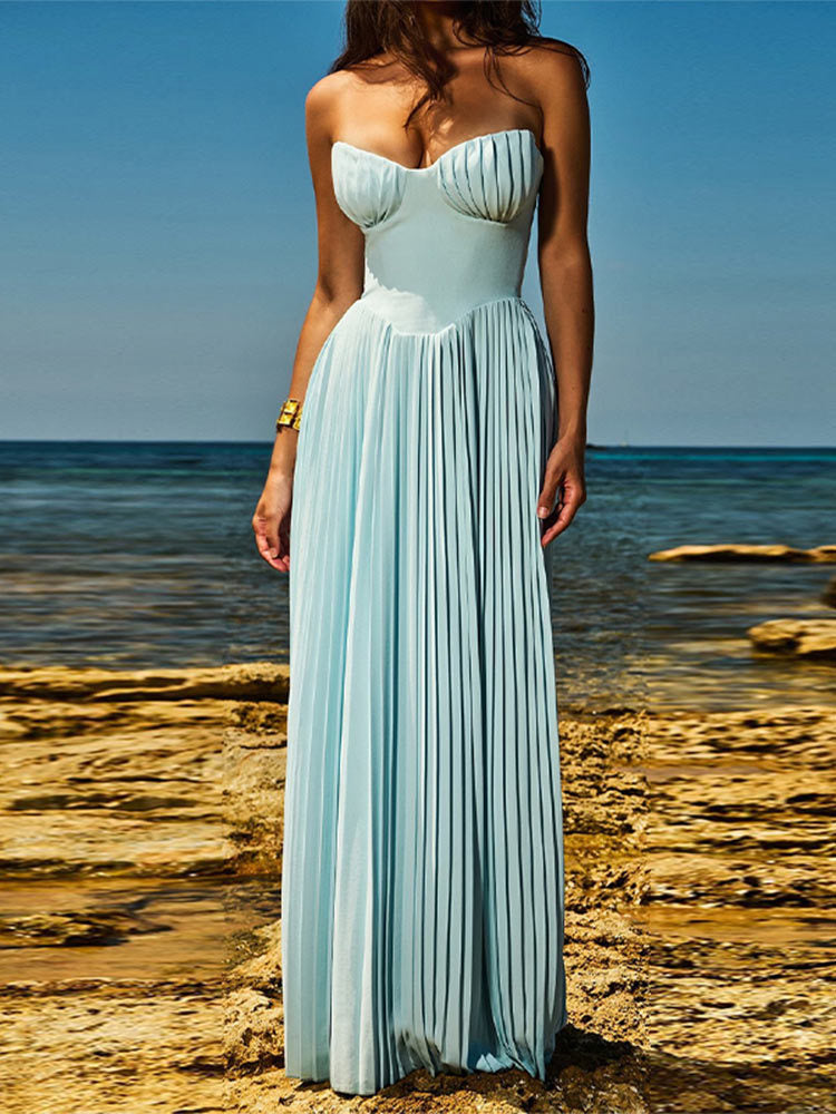 Elegant Pleated Strapless Maxi Dress