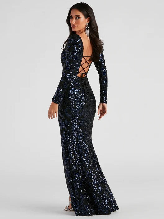 Backless Lace-Up Long Sleeve Sequin Party Dress