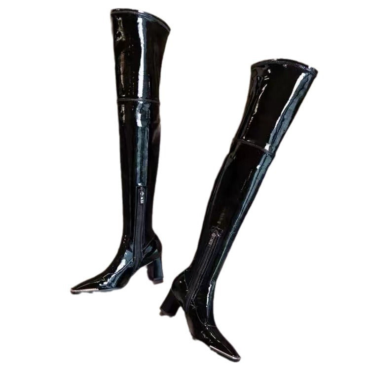 Patent Faux Leather Thigh-High Heeled Boots