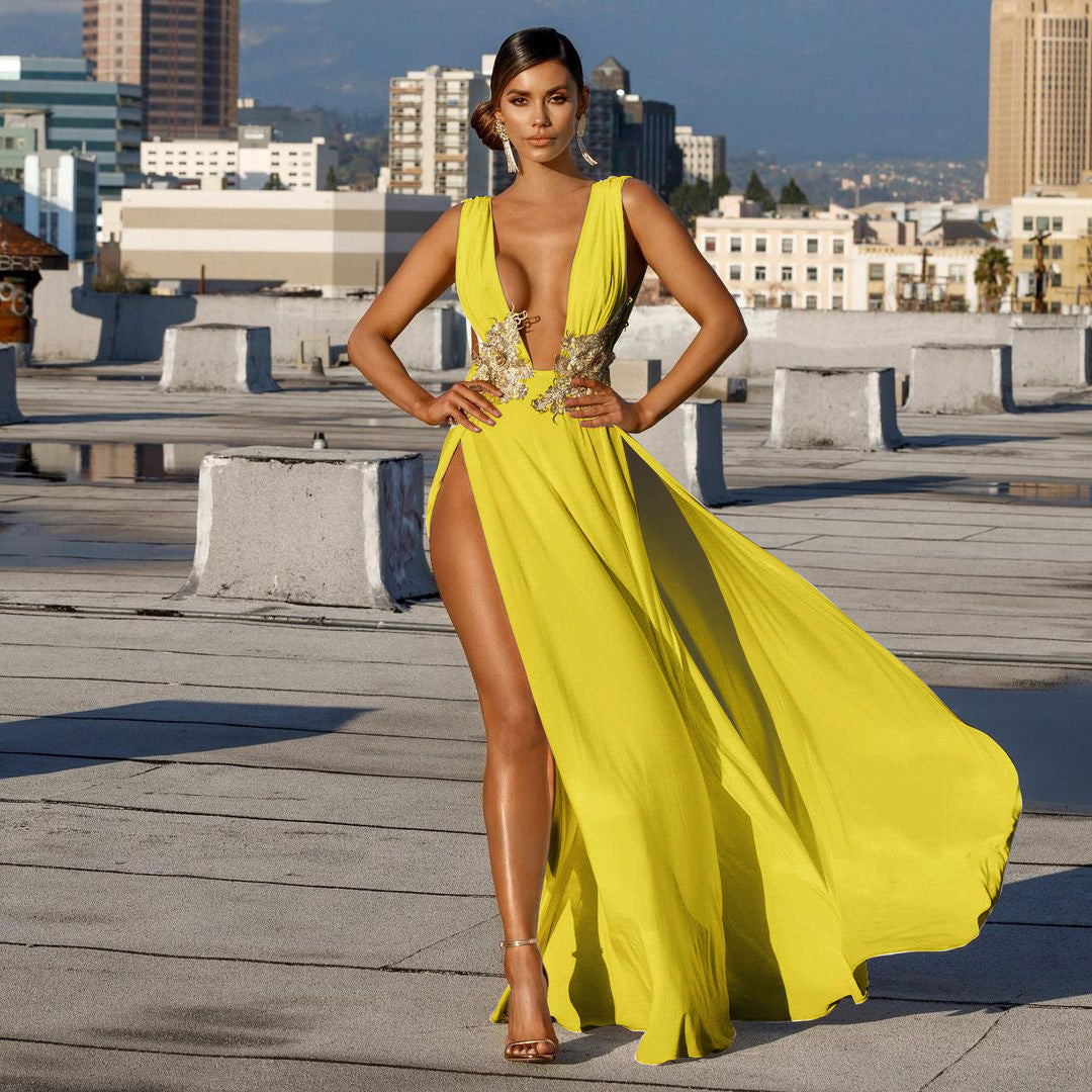 Floral Applique Deep V Backless High Slit Maxi Cocktail Dress - Yellow