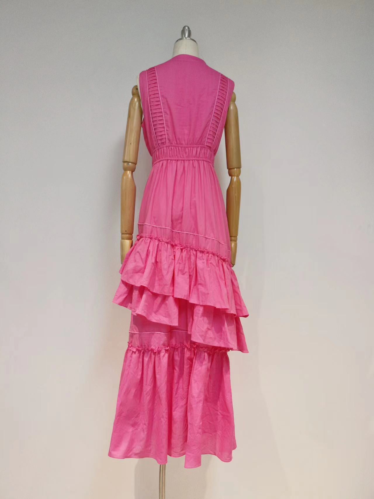 Swingy Buttoned Sleeveless Beach Vacation Ruffle Tiered Maxi Sundress - Pink