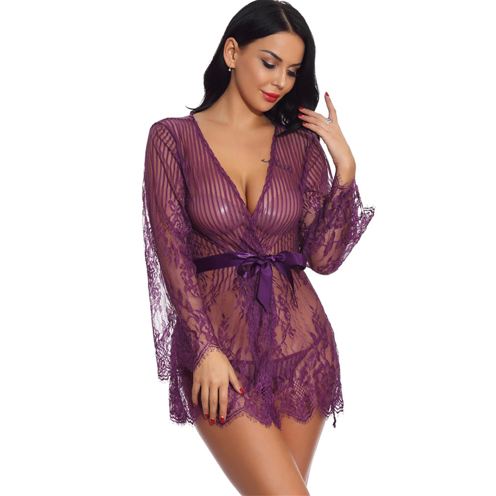 Leopard Lace Robe With G-String Blue