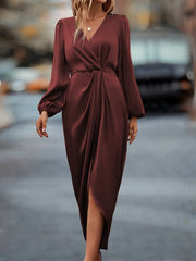 Silky Satin V Neck Puff Sleeve Button Up French Shirt Midi Dress - Burgundy