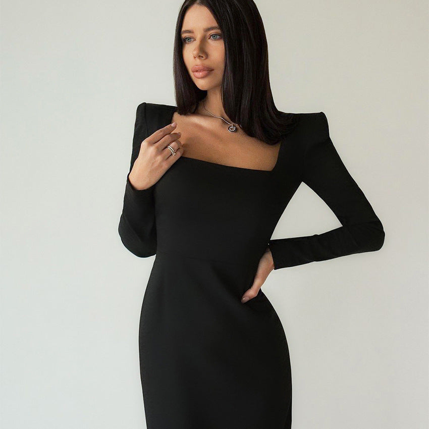 Chic Square Neck Padded Long Sleeve Cocktail Party Midi Dress - Black