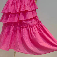 Swingy Buttoned Sleeveless Beach Vacation Ruffle Tiered Maxi Sundress - Pink