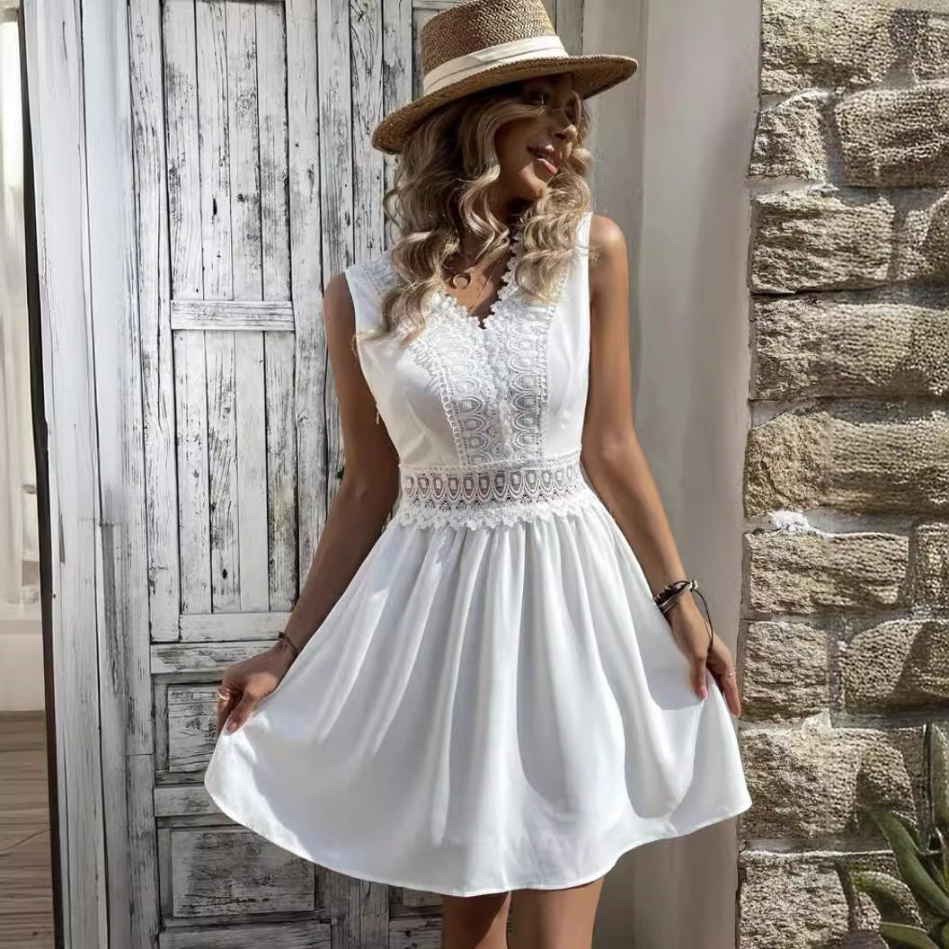 Ruffle Cap Sleeve Backless Crochet Lace V Neck Mini Dress - White