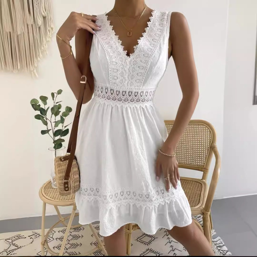 Ruffle Cap Sleeve Backless Crochet Lace V Neck Mini Dress - White