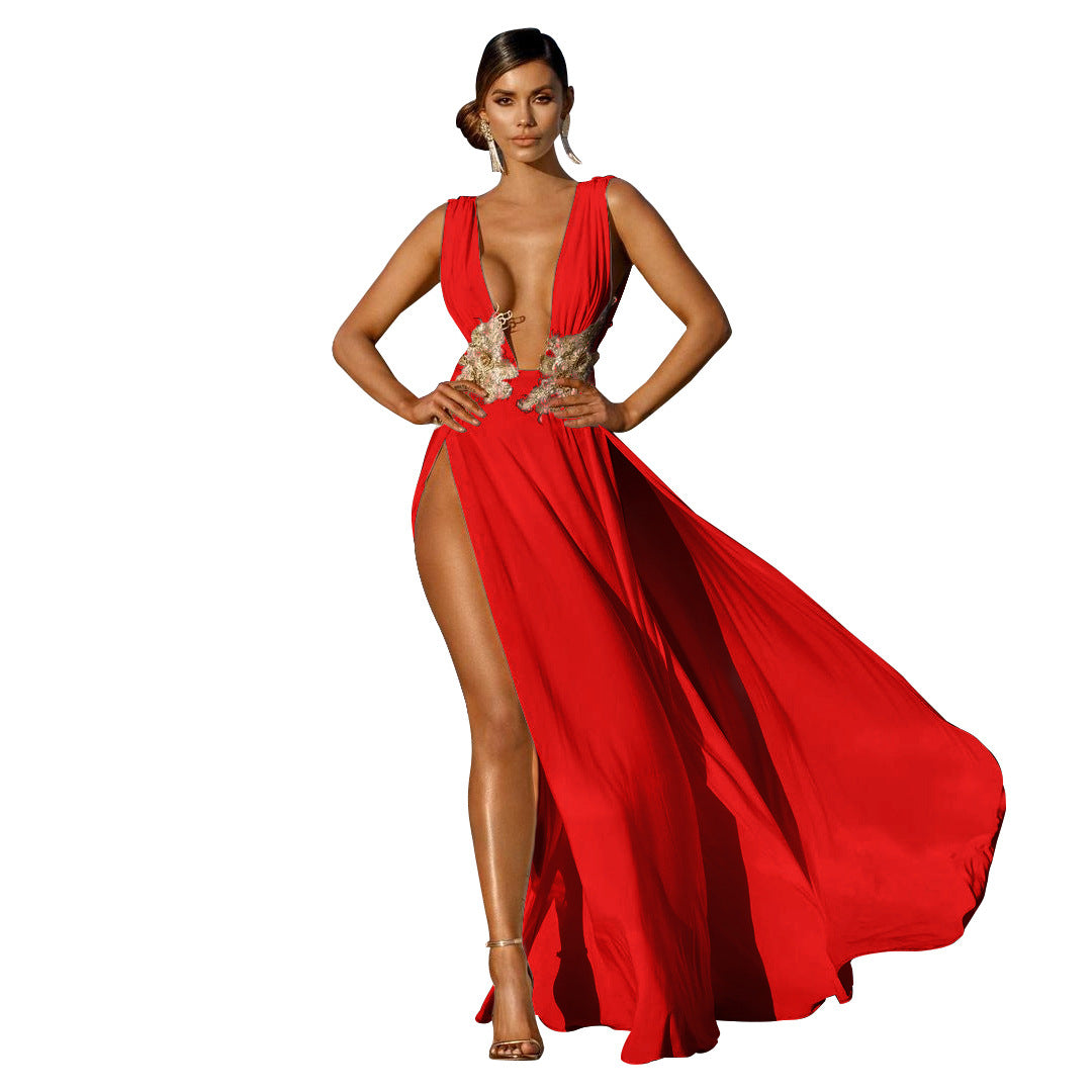 Floral Applique Deep V Backless High Slit Maxi Cocktail Dress - Red