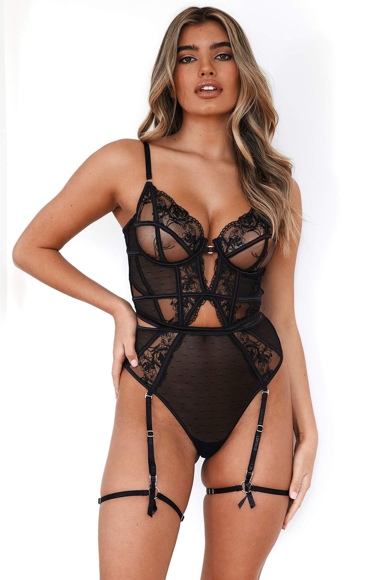 Adjustable Strap Bodysuit With Garter Belt Set