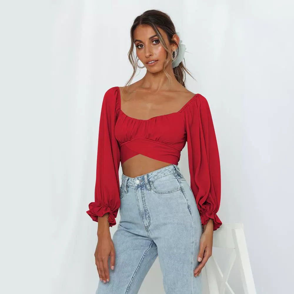 Plunging Surplice Tie Back Gauze Crop Top