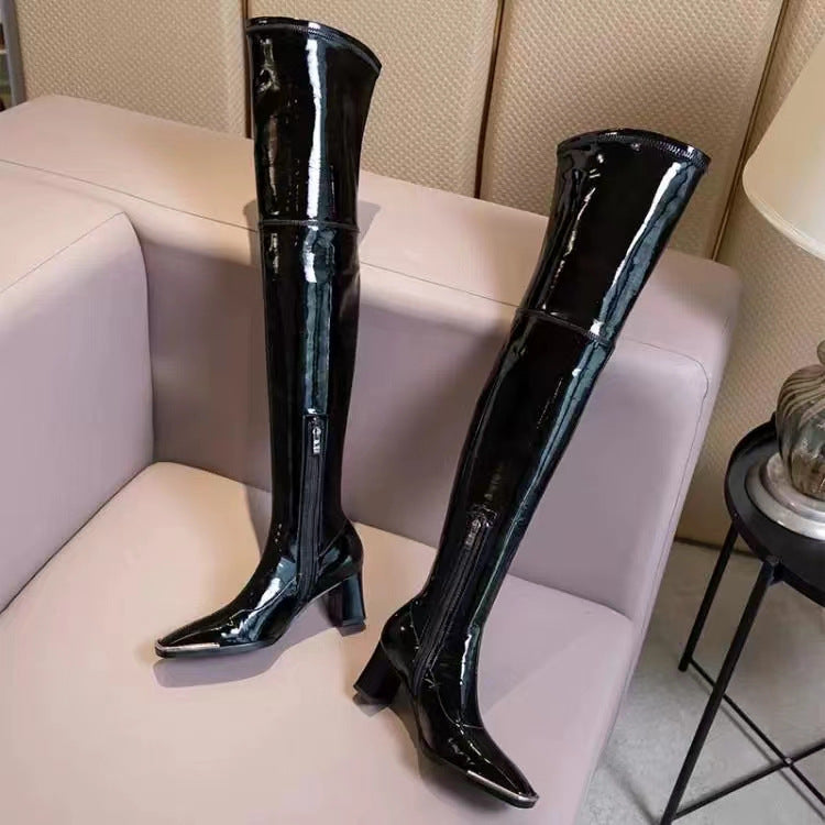Patent Faux Leather Thigh-High Heeled Boots