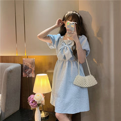 Cute Square Neck Puff Sleeve Lace Up Back Seersucker Skater Mini Dress - Sky Blue