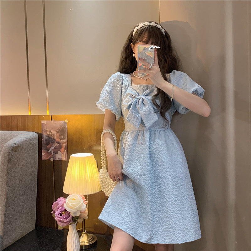 Cute Square Neck Puff Sleeve Lace Up Back Seersucker Skater Mini Dress - Sky Blue