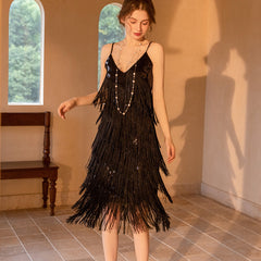 1920s Gatsby V Neck Sequined Layered Fringe Flapper Midi Dress - Black