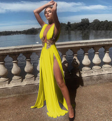 Floral Applique Deep V Backless High Slit Maxi Cocktail Dress - Yellow