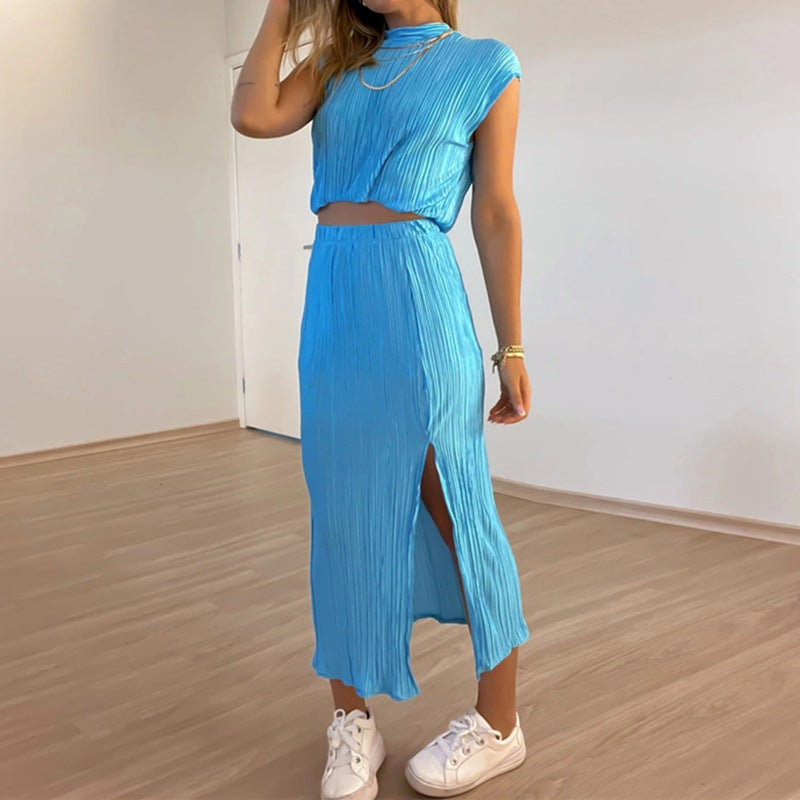 Chic Shirred Shoulder Pad Crop High Waist Skirt Two Piece Maxi Dress