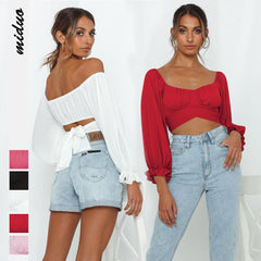 Plunging Surplice Tie Back Gauze Crop Top