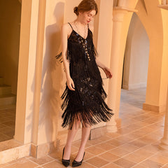 1920s Gatsby V Neck Sequined Layered Fringe Flapper Midi Dress - Black