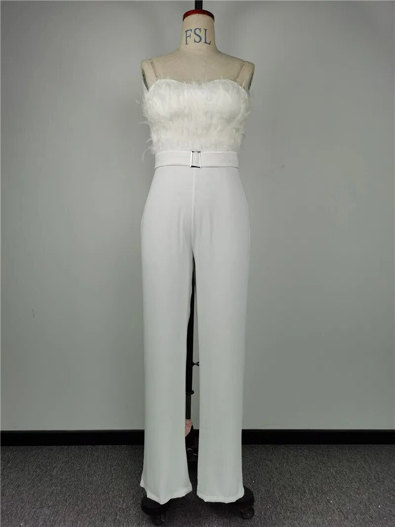 Feather Bandeau Belt Jumpsuit