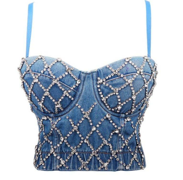 The Bermuda Crop Top Rhinestone Denim Camisole