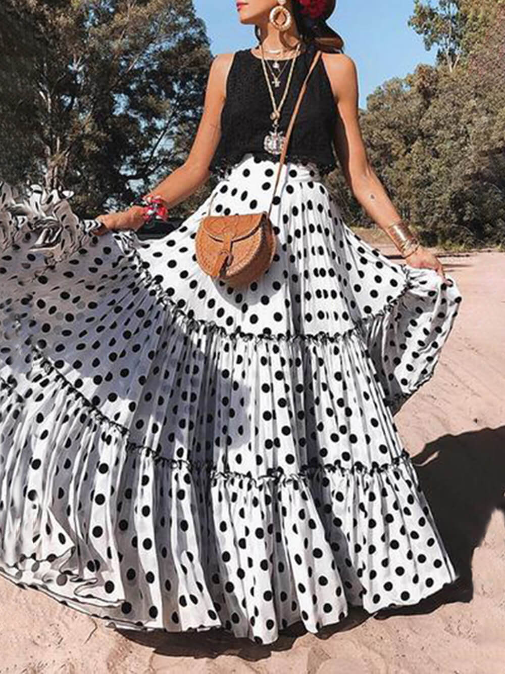 Casual Long Polka Dot Printed Halter Skirt