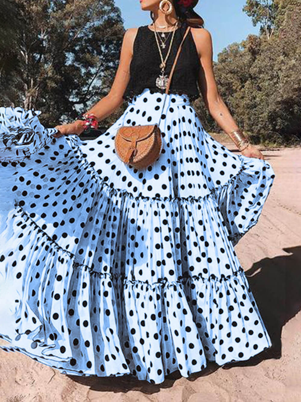 Casual Long Polka Dot Printed Halter Skirt