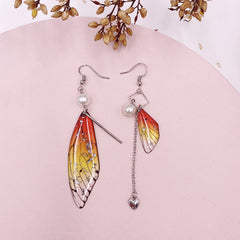 Butterfly Wing Orange Gold Foil Cicada Wing Tassel Earrings