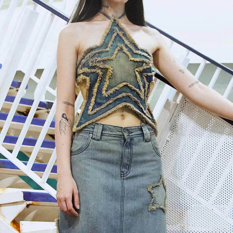 Star Distressed Denim Crop Top