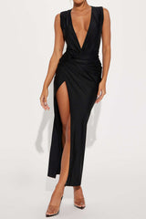 Wrap Ruched Slit Deep V-neck Sleeveless Maxi Dress