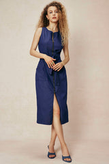 Zipper Belted Slit Sleeveless Denim Midi Dress