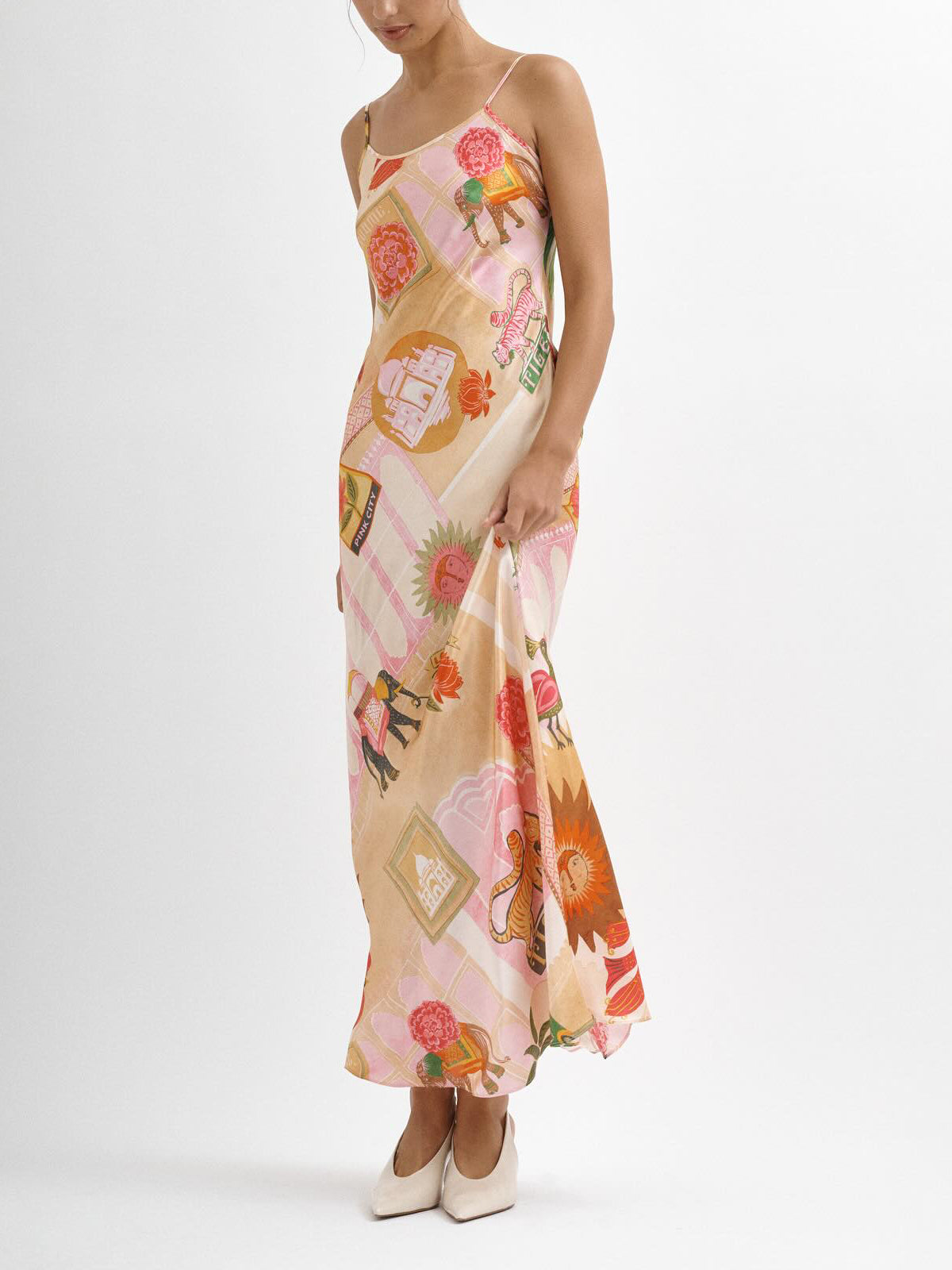 Unique Satin Print Casual Suspender Maxi Dress