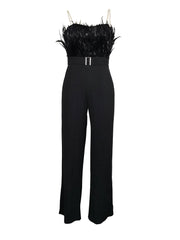 Feather Bandeau Belt Jumpsuit - Black