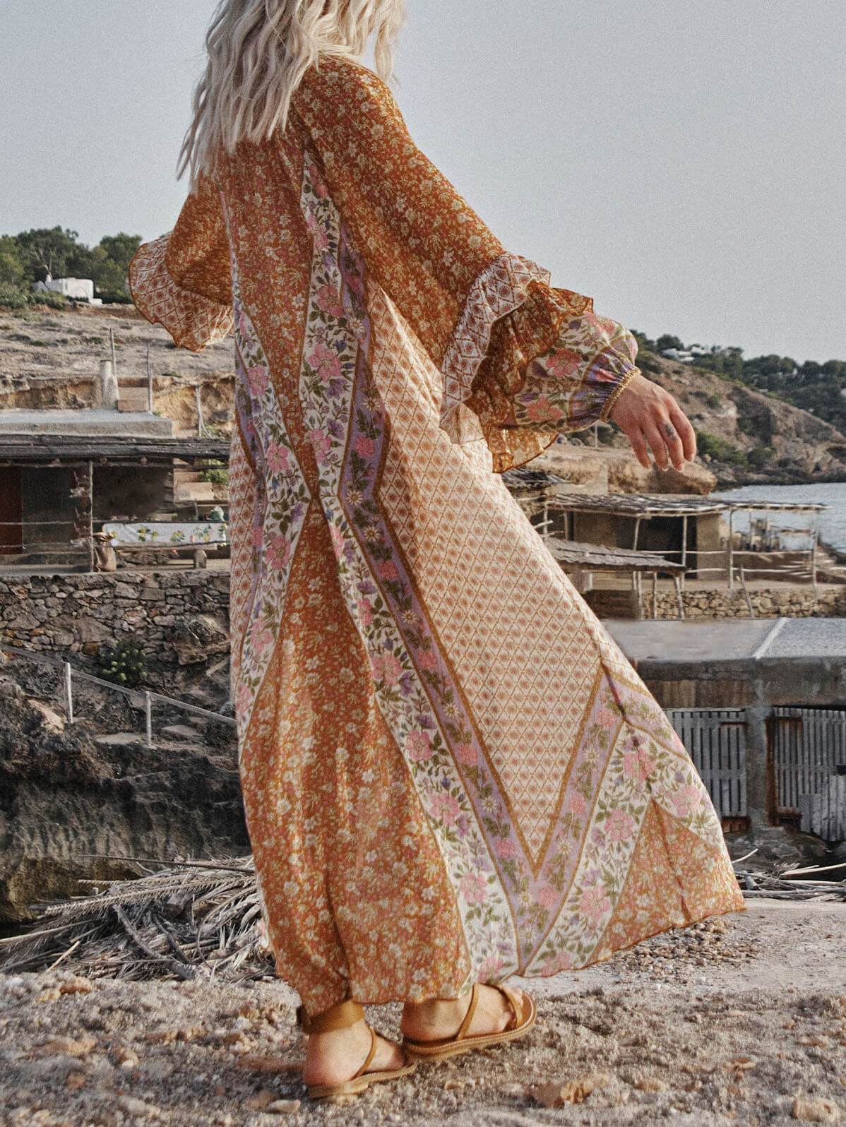 Unique Bohemian Print Long Sleeve Robe Midi Dress