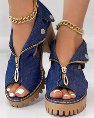 Lady Boss Peep-Toe Denim Sandals