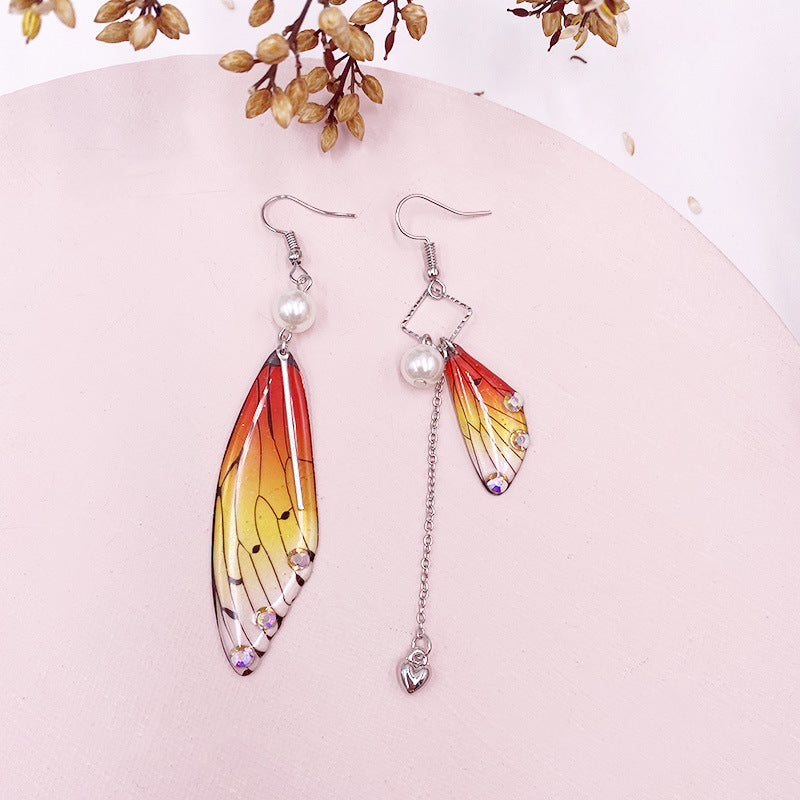 Butterfly Wing Orange Gold Foil Cicada Wing Tassel Earrings