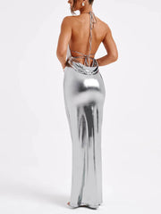 Spring Swing Collar Glossy Metallic Backless Maxi Dress