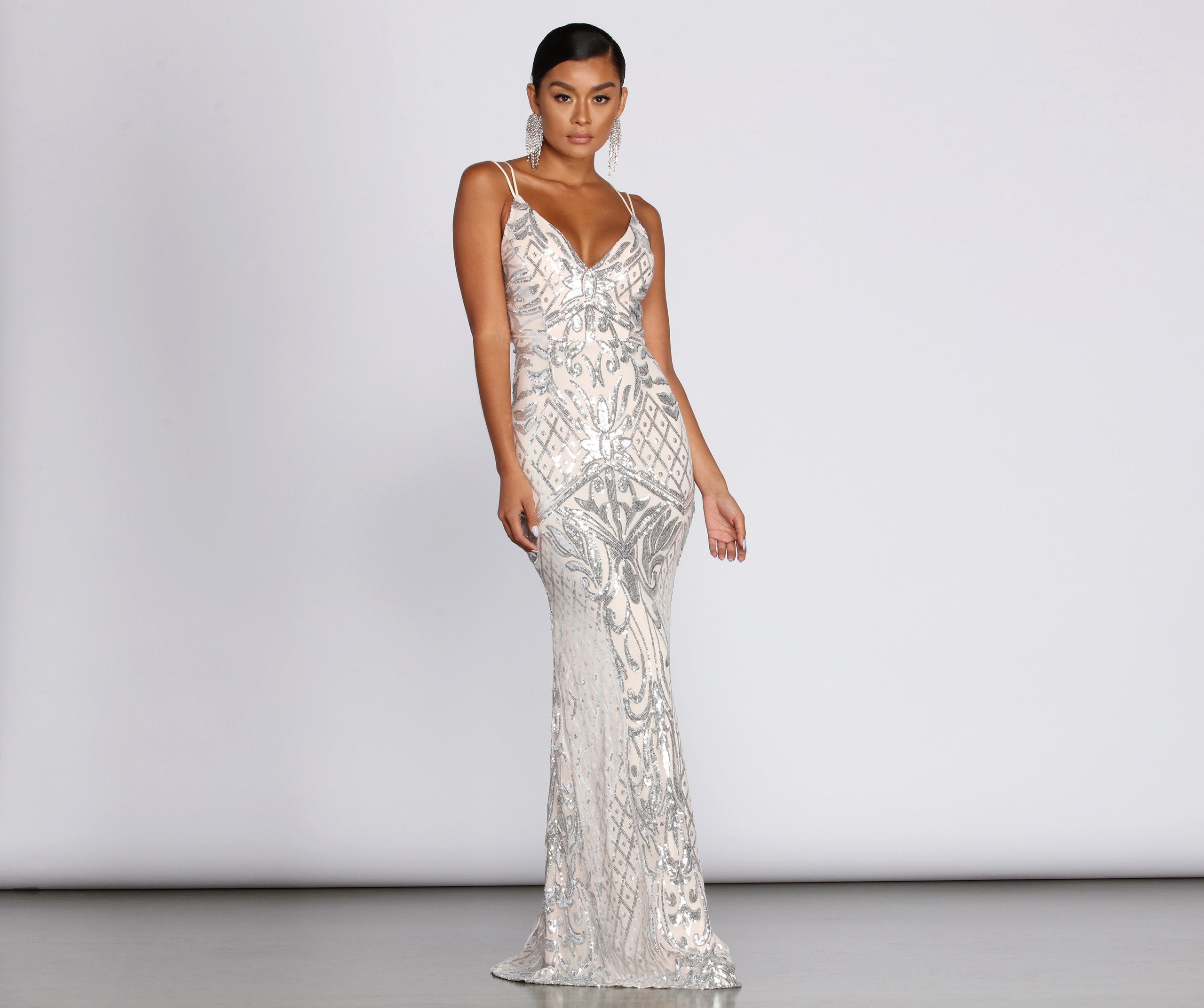 Ginger Sequin Mesh Strappy Gown - Lady Occasions