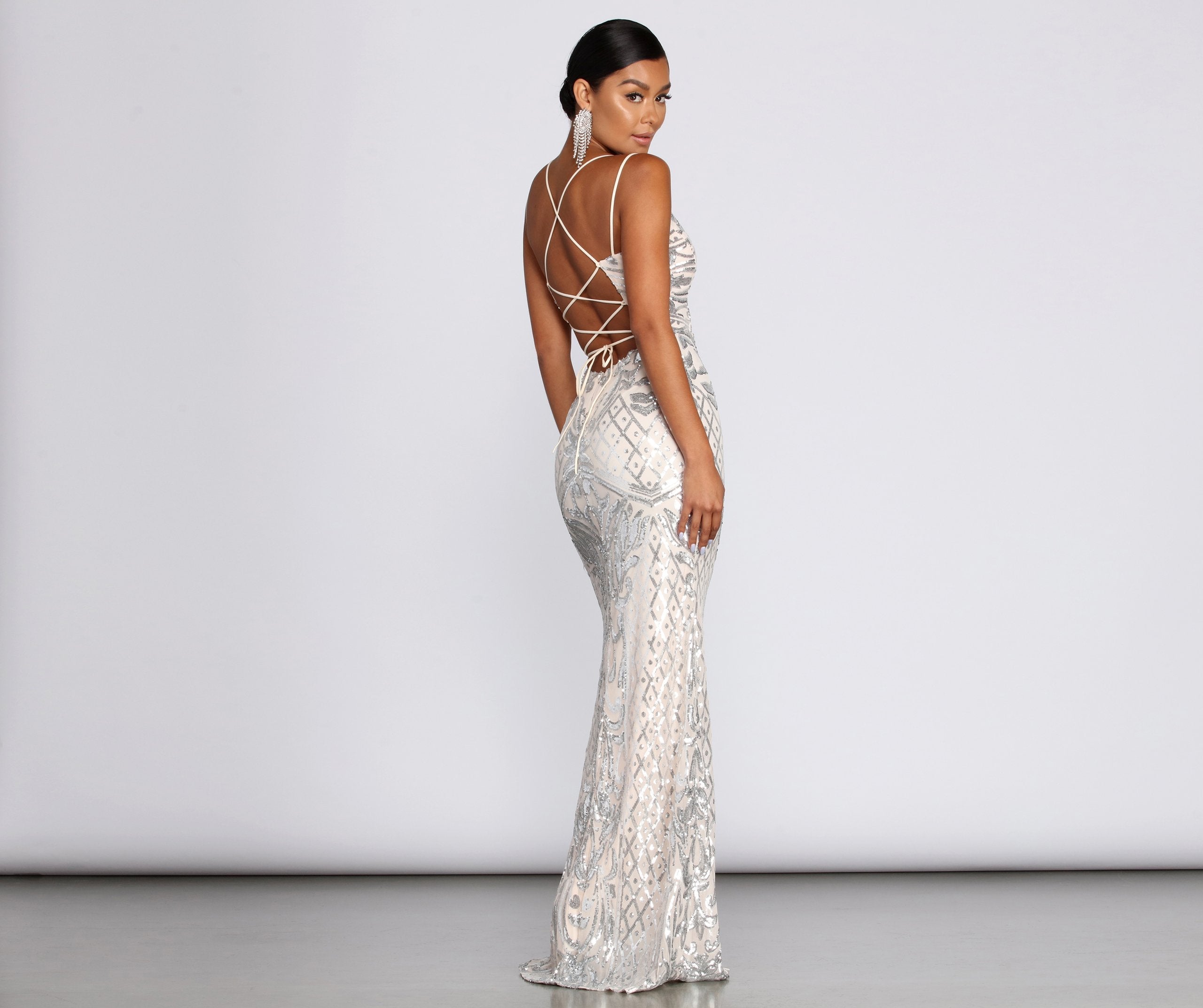 Ginger Sequin Mesh Strappy Gown - Lady Occasions