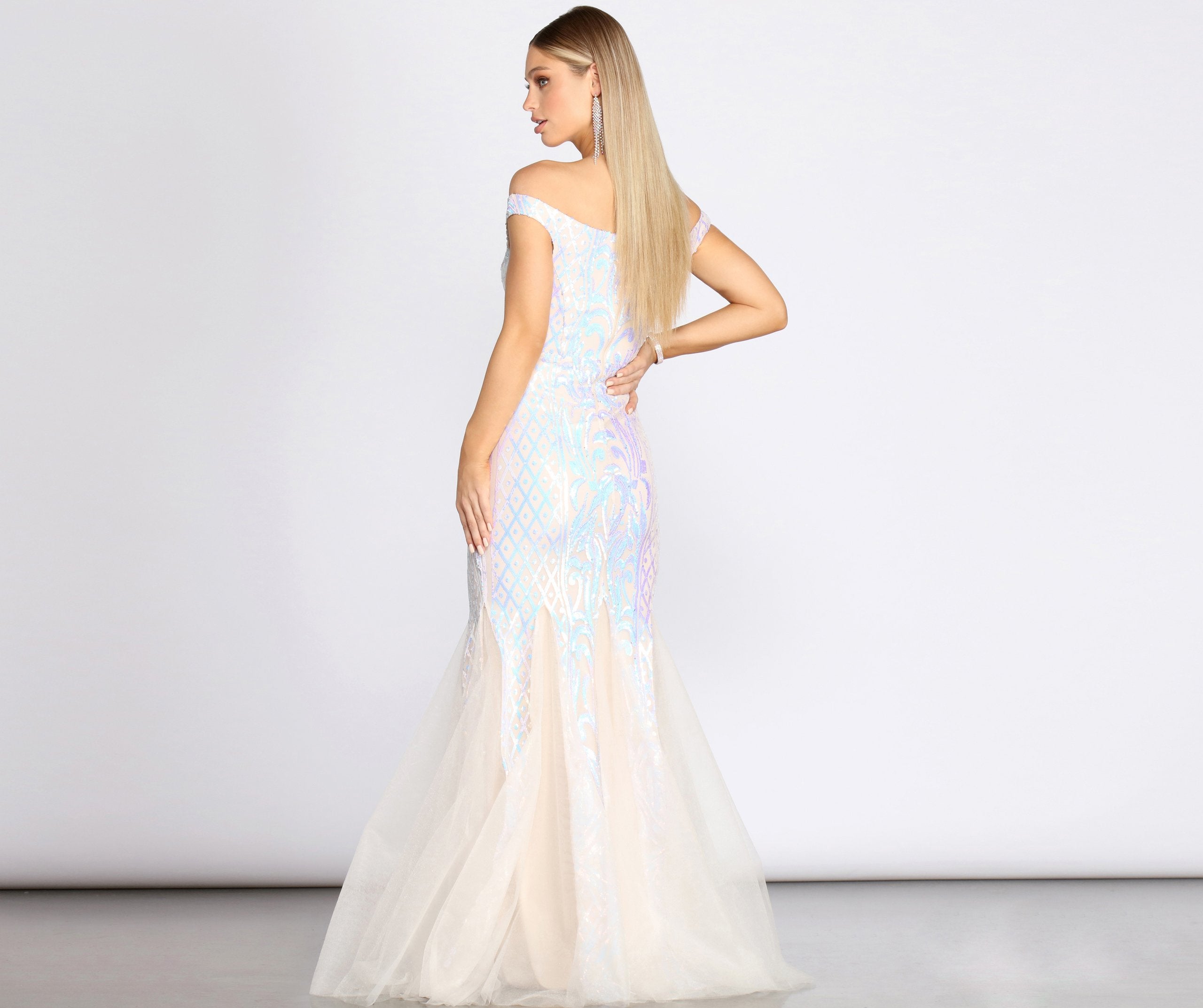 Andrina Iridescent Sequin & Tulle Off Shoulder Mermaid Dress - Lady Occasions